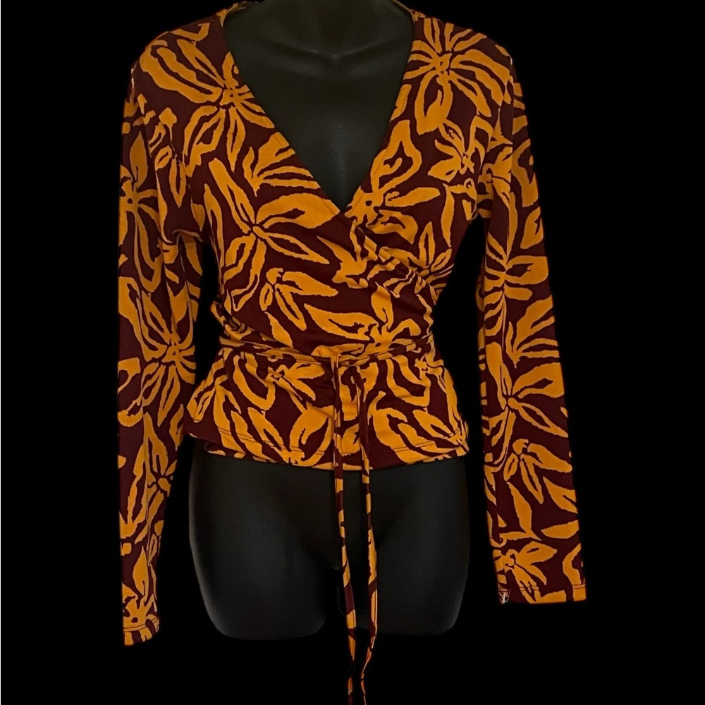 Silhouette Floral Wrap Blouse - Orange and Brown